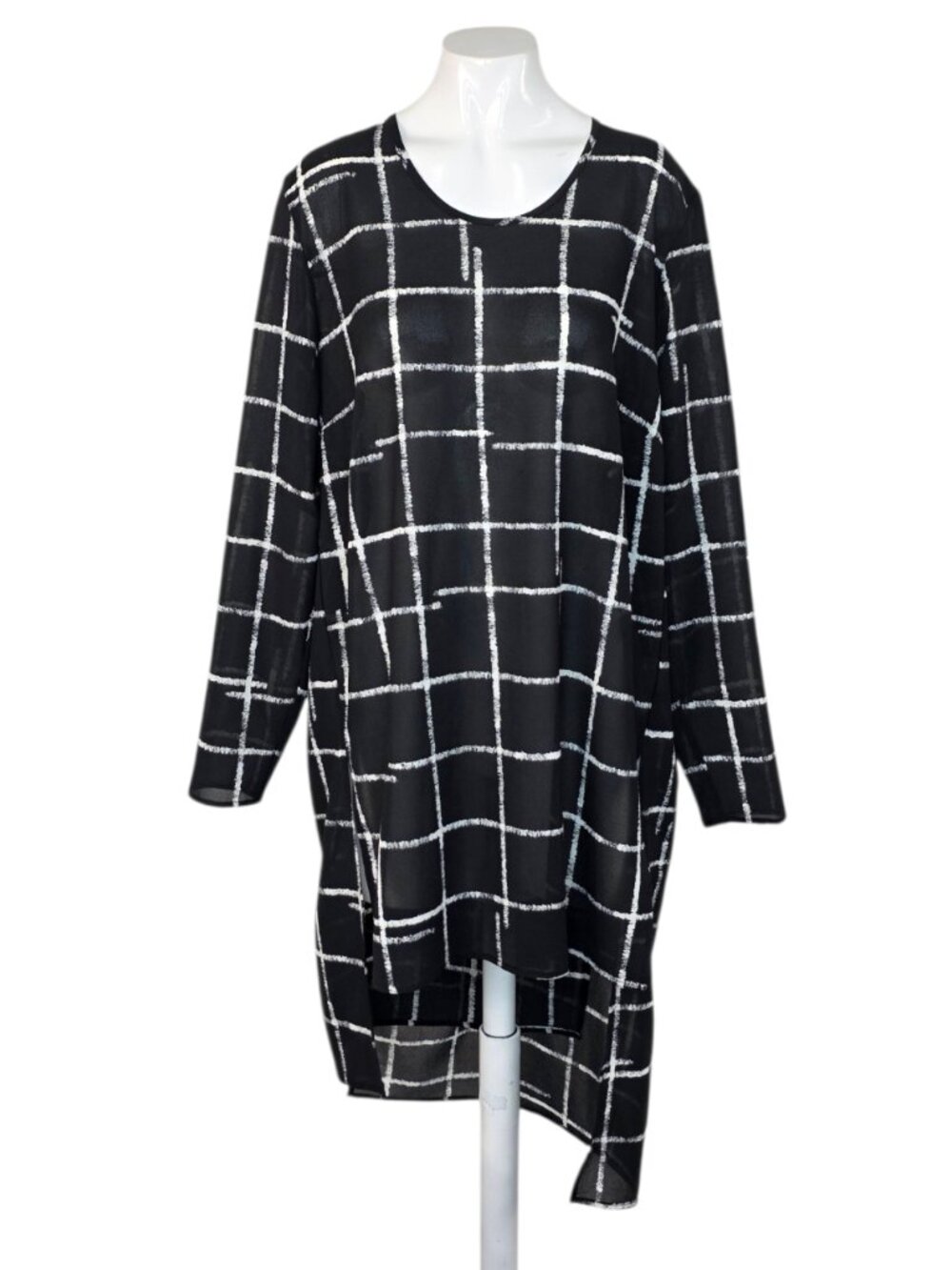 Sympli Georgette Sheer Tunic, Crosshatch, Aysymmetrical, Long Sleeve, 12, Slit